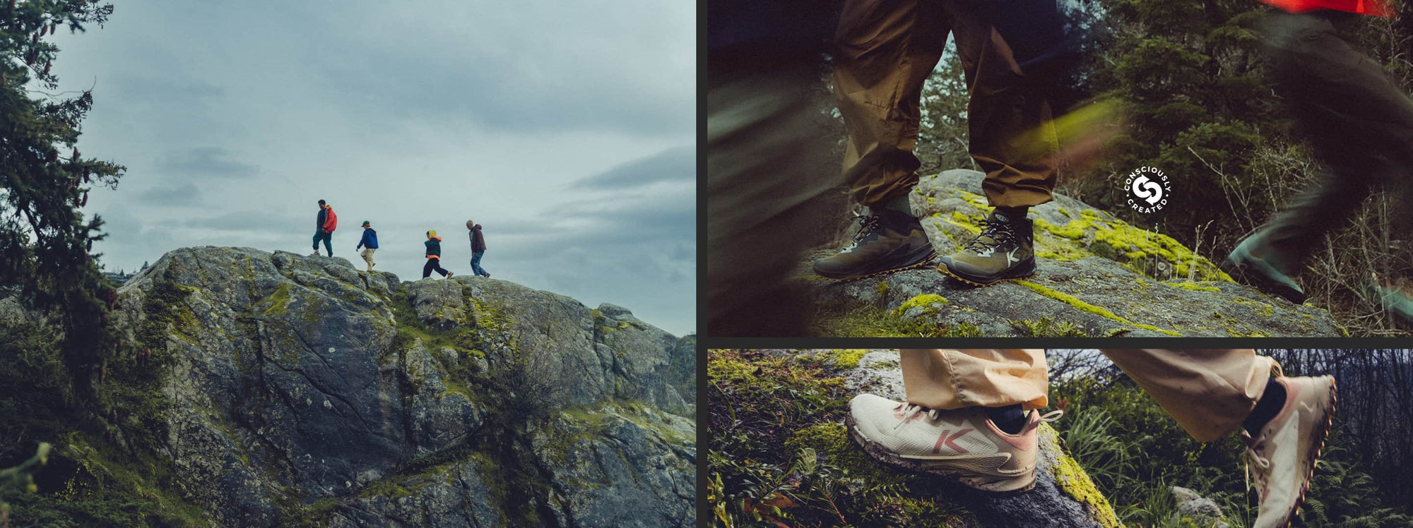 Outdoor-Collage mit Wanderern auf moosbedeckten Felsen - Gruppenwanderung, Nahaufnahme KEEN Zionic NXT Wasserdichte Wanderschuhe auf Moos, beige Schuhe auf Felsen, Consciously Created Logo