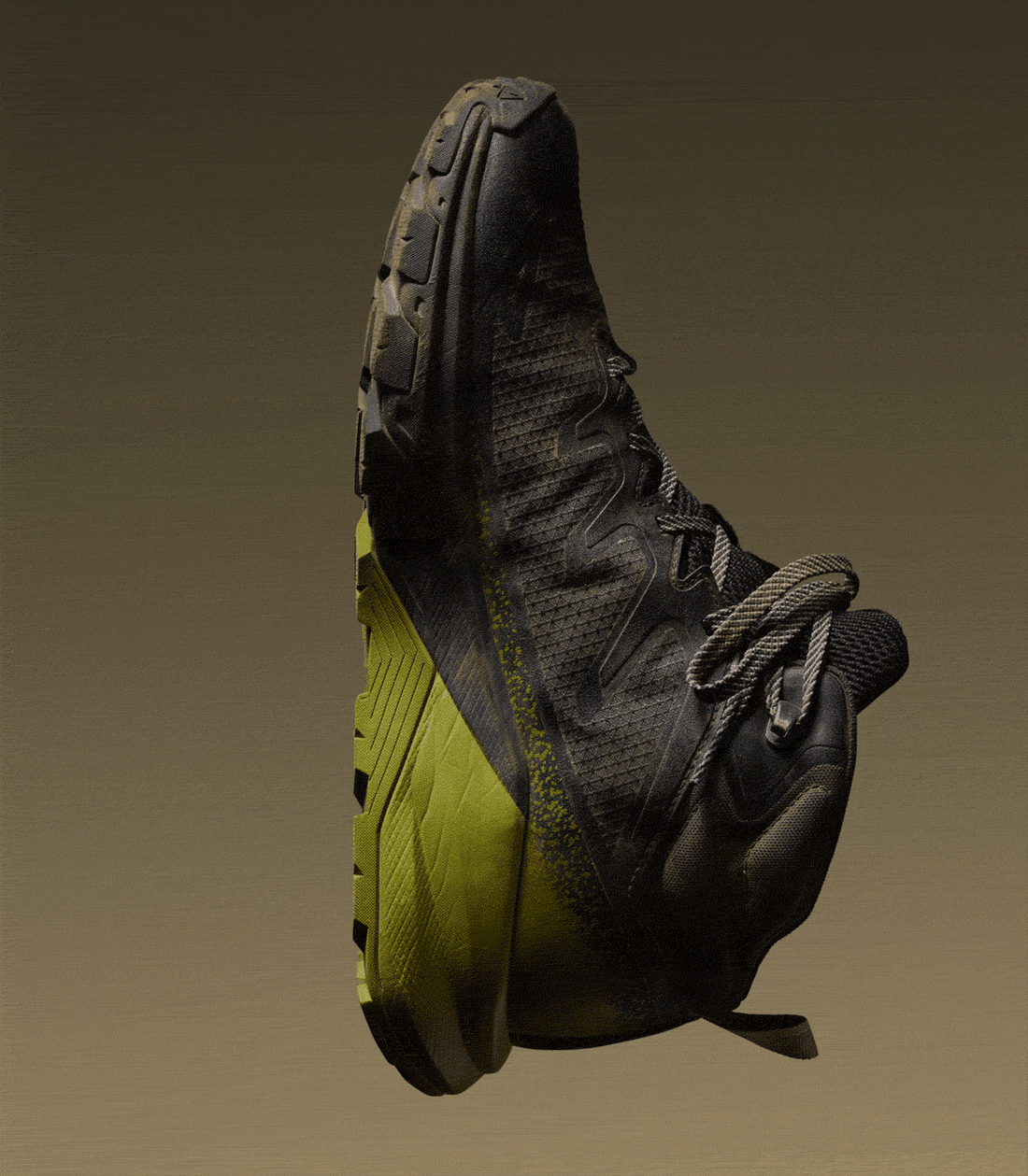 Schwarzer KEEN Targhee Apex Schuh mit grünem Fersenelement, flexibel gebogen zur Darstellung von Stabilität und Komfort.